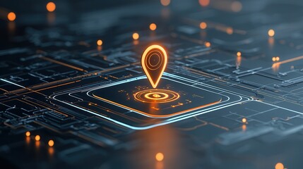 Poster - This image depicts a visually striking and futuristic navigation theme featuring a radiant and illuminated pin or marker icon against a dynamic