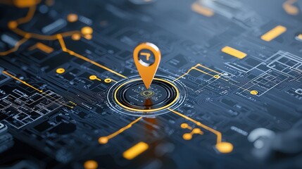 Poster - A visually captivating digital navigation theme featuring a radiant futuristic design with interconnected lines shapes and a central location marker
