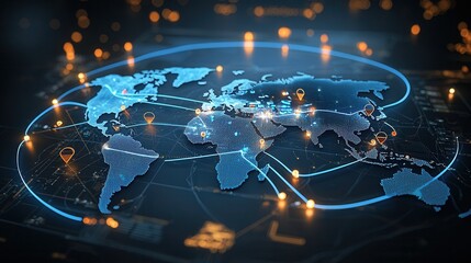 Poster - A visually captivating representation of the interconnected world showcasing a global network of locations points of light and data flow across continents and countries