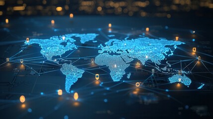 Poster - This image presents a captivating visualization of a vast interconnected global network with bright points of light representing the flow of data information and connectivity across the world