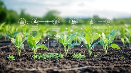 Poster - this image showcases an advanced farming system with young seedlings growing in the soil