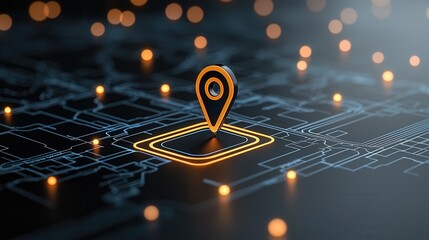 Poster - Glowing digital location marker icon set against a complex network of technology connections and signals representing modern navigation mapping and geospatial systems