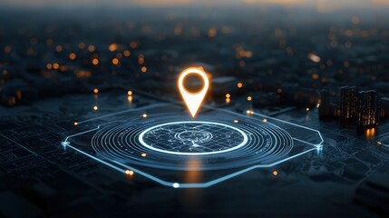 Poster - high tech location pin icon displayed against a glowing futuristic cityscape with illuminated skyscr