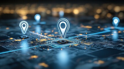 Poster - This image depicts a close up view of a glowing navigation pin on a futuristic digital map interface  The pin is illuminated with a bright blue light
