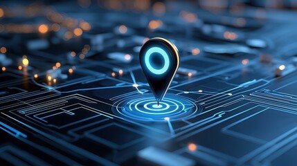 Poster - Closeup view of a glowing navigation pin icon on a futuristic digital map with intricate interconnected lines and data visualizations representing smart city infrastructure mobility