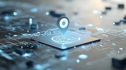 Poster - Close up view of a navigation pin icon placed on a detailed digital map interface representing location connectivity and transportation planning