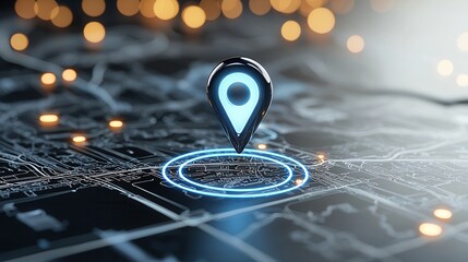 Poster - this image depicts a close up view of a navigation pin or marker emitting a soft blue glow on a digi