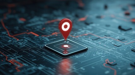 Poster - A close up view of a red pin point marker placed on a vibrant blue digital circuit board or map representing the concept of location navigation and technology in the modern connected world