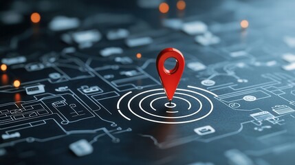 Poster - Close up view of a red pinpoint marker placed on a vibrant high tech digital navigation map representing location tracking and concepts