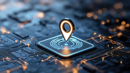 Poster - Close up of a vibrant blue digital world map with a highlighted location pin icon symbolizing navigation tracking and global connectivity
