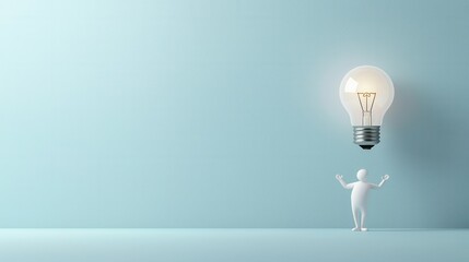 Poster - This conceptual 3D depicts a glowing light bulb symbolizing an innovative and groundbreaking idea or solution with a minimalist figure standing in awe of the illuminating discovery
