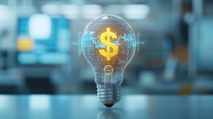 Poster - A conceptual 3D rendering of an illuminated light bulb with a dollar symbol inside
