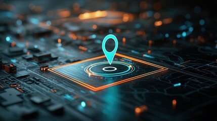 Poster - Crisp shot of a precise digital location marker icon displayed on a futuristic glowing circuit board landscape representing advanced technology connectivity and navigation