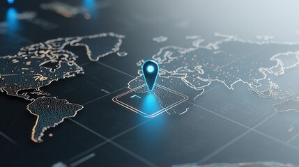 Poster - Detailed close up view of a blue glowing navigation pin or marker placed on a digital world map with a futuristic interface and network of data connections