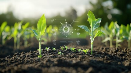 Poster - this image depicts the digital transformation of farming showcasing young corn plants growing in fer