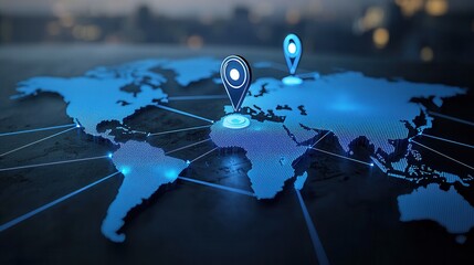 Poster - A digital world map with glowing location pins representing global connectivity information flow and technological advancement