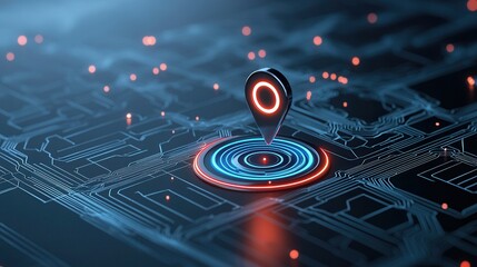 Fototapete - A futuristic glowing location marker displayed on a complex neon blue digital grid representing advanced technology navigation and cyberpunk inspired design