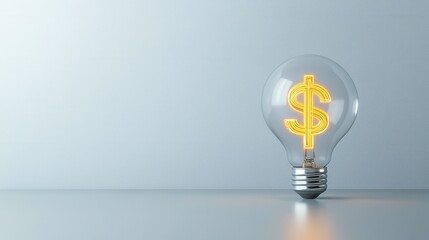 Poster - A glowing digital dollar sign symbol illuminated inside a transparent crystal clear light bulb representing the power of finance innovation and technological progress in the modern business world