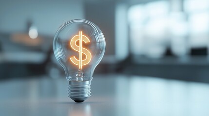 Poster - a high tech glass lightbulb displaying a luminous dollar symbol symbolizing innovation financial gro