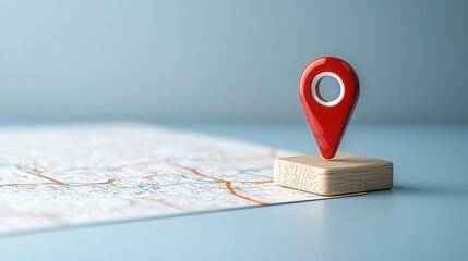 Poster - Closeup view of a detailed 3D location pin resting on a map symbolizing navigation guidance and wayfinding for travel and