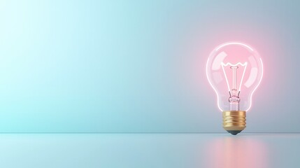 Poster - Glowing pink neon lightbulb representing innovative ideas creative new possibilities shining brightly against a soft blue and green background