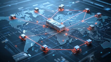 Poster - Aerial view of a digital world map showcasing a global interconnected network with marked locations representing the complex infrastructure and technology that enables international communication