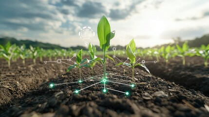 Poster - a futuristic farm setting featuring emerging corn seedlings surrounded by innovative digital technol