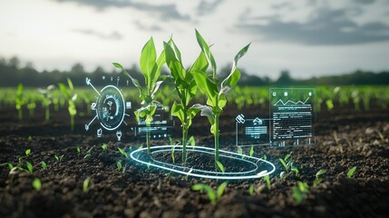 Poster - a futuristic farm field with advanced technology including sensors data analytics and precision farm