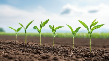 Poster - this image depicts a close up view of several corn seedlings emerging from the soil in a well organi
