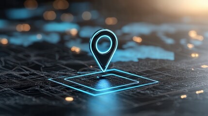 Poster - Close up view of a glowing map pin icon highlighting a specific location or position on a digital map or geographic representation