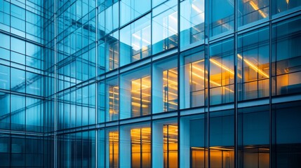 Poster - A striking urban glass building stands tall at twilight, with an interplay of warm light glowing from inside. The reflections create a mesmerizing blend of colors and shapes