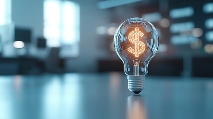Poster - a sleek 3d visualization of a glowing lightbulb featuring a dollar sign symbol representing the conc