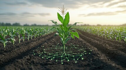 Poster - an of smart farming innovations featuring a corn plant sprouting in a green field showcasing advance