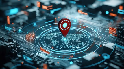 Poster - A futuristic digital navigation scene featuring a global map with a pinpoint marker representing advanced technology connectivity and location tracking capabilities