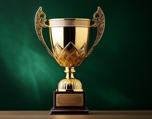 golden champion trophy cup on dark green background