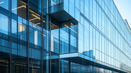 Poster - A contemporary building showcases its striking glass exterior, reflecting the twilight sky and surrounding structures. The interplay of light and reflection creates a stunning visual dynamic