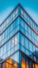 Aufkleber - A sleek glass building stands prominently against the evening sky, showcasing reflective surfaces and illuminating warm lights within. This contemporary design signifies urban innovation