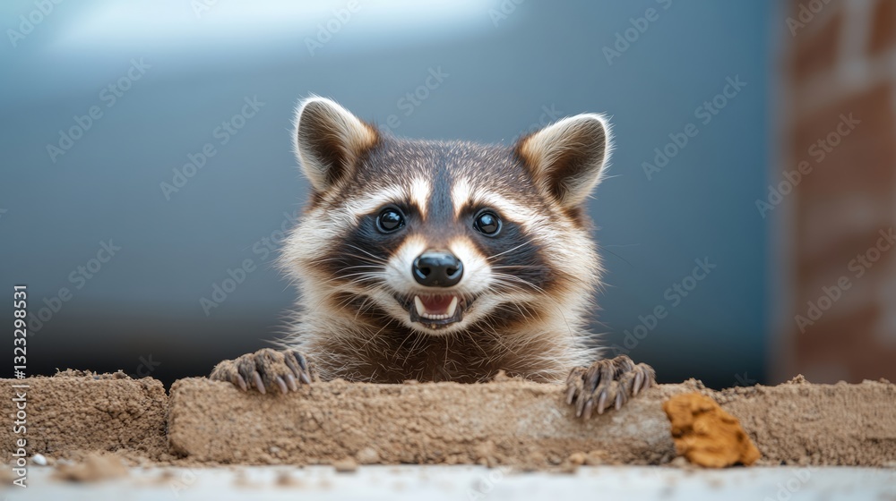 Raccoon is standing on a brick wall and looking at the camera. The ...