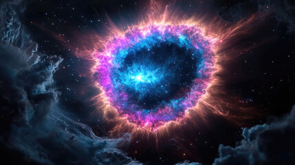 Wall Mural - a stunning cosmic scene featuring a vibrant nebula with shades of blue and pink, surrounded by dark 