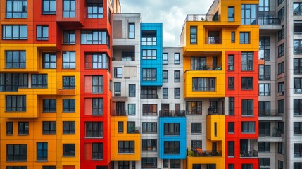 Aufkleber - Brightly colored residential apartments stand out against a grey sky, featuring a mix of red, orange, yellow, and blue. Balconies reveal glimpses of greenery and urban life