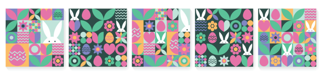 Wall Mural - collection of easter background in geometric style. mosaic with bunny, egg and flower. abstract desi