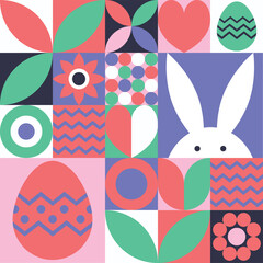 Wall Mural - easter bunny, egg and flower background. geometric design with cartoon elements. vector illustration
