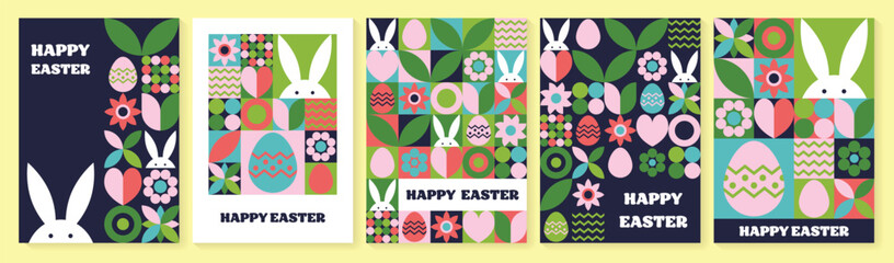 Wall Mural - easter bunny, egg and flower background. collection of geometric greeting cards with cartoon element