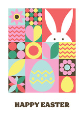 Wall Mural - geometric easter greeting card. abstract background with bunny, egg and flower. vector illustration
