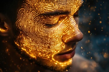 Poster - A man showcases a glowing labyrinth of consciousness, mind pattern intricately designed across his face, illuminated in a captivating artistic expression during the night