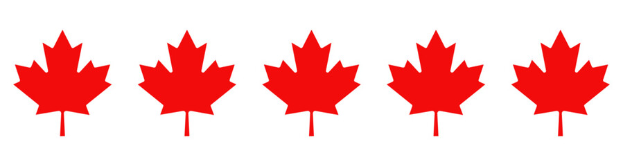Wall Mural - banner with 5 official red maple leaves of canada lined up in a row, isolated on a transparent backg