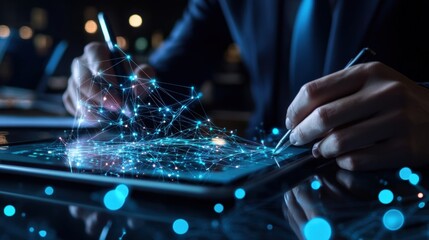 Fototapete - Businessman using stylus pen interacting with holographic data connections while working on digital tablet at night, innovative technology and business solutions concept