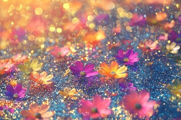 Wall Mural - Shimmering gradient field with vibrant flower patches