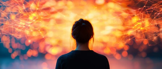 Poster - Determination of entrepreneurship growth mindset concept. A person gazes at a vibrant, glowing abstract background, symbolizing inspiration and creativity.