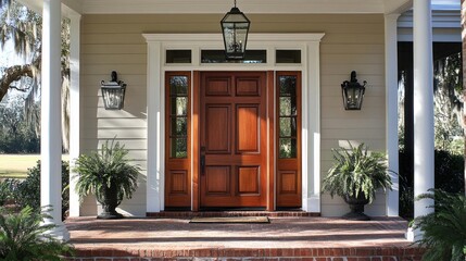 Poster - A stunning entrance showcases a large wooden door adorned with intricate panels, accompanied by stylish lanterns. Lush ferns flanking the doorway enhance the inviting atmosphere